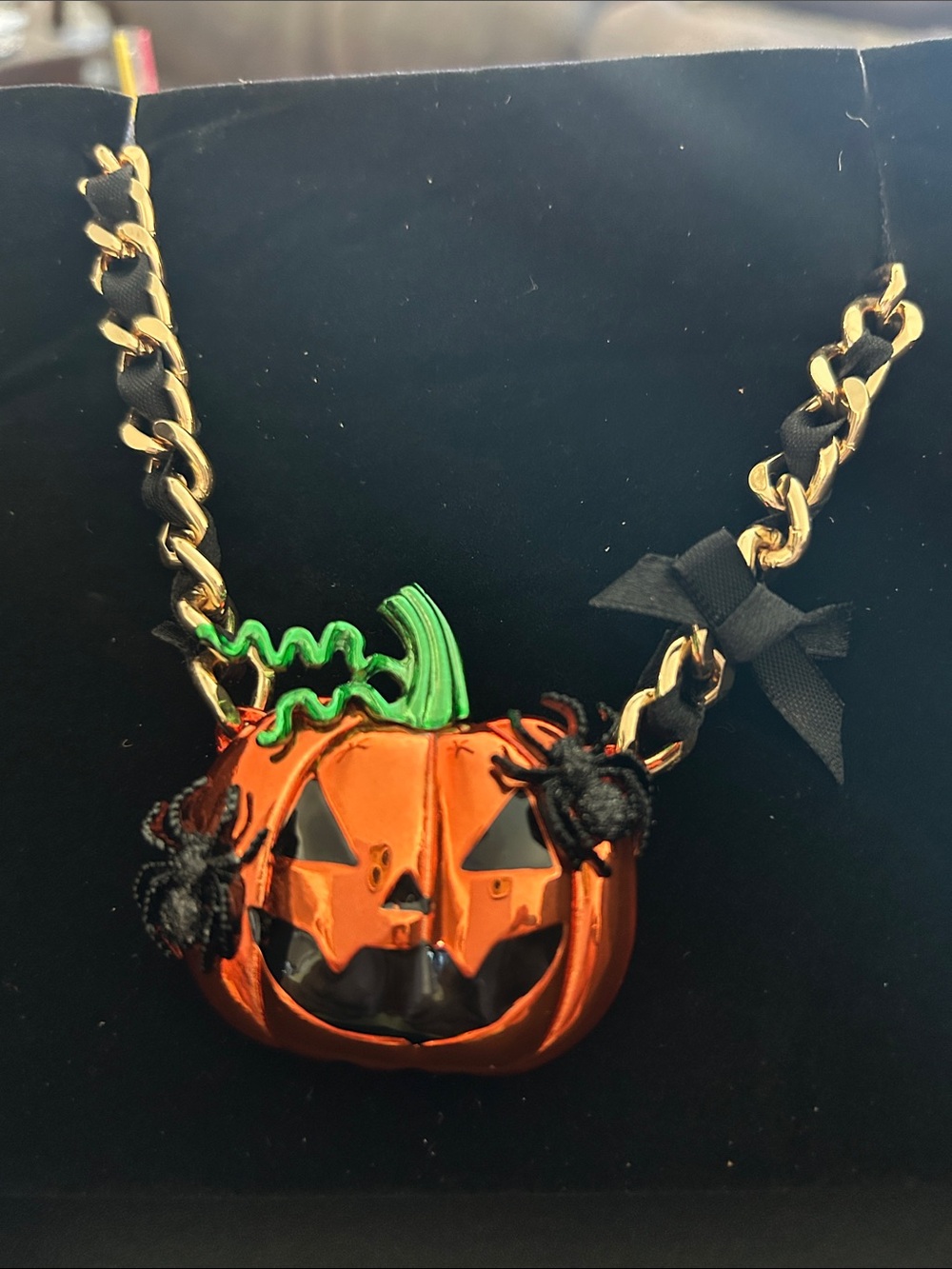Betsey Johnson Orange Pumpkin Pendant Necklace with Green Stem